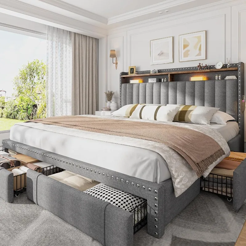 King Size Bed Frame With Storage Drawers - EnHomee Tapicerowane Łóżko Rozmiaru King z