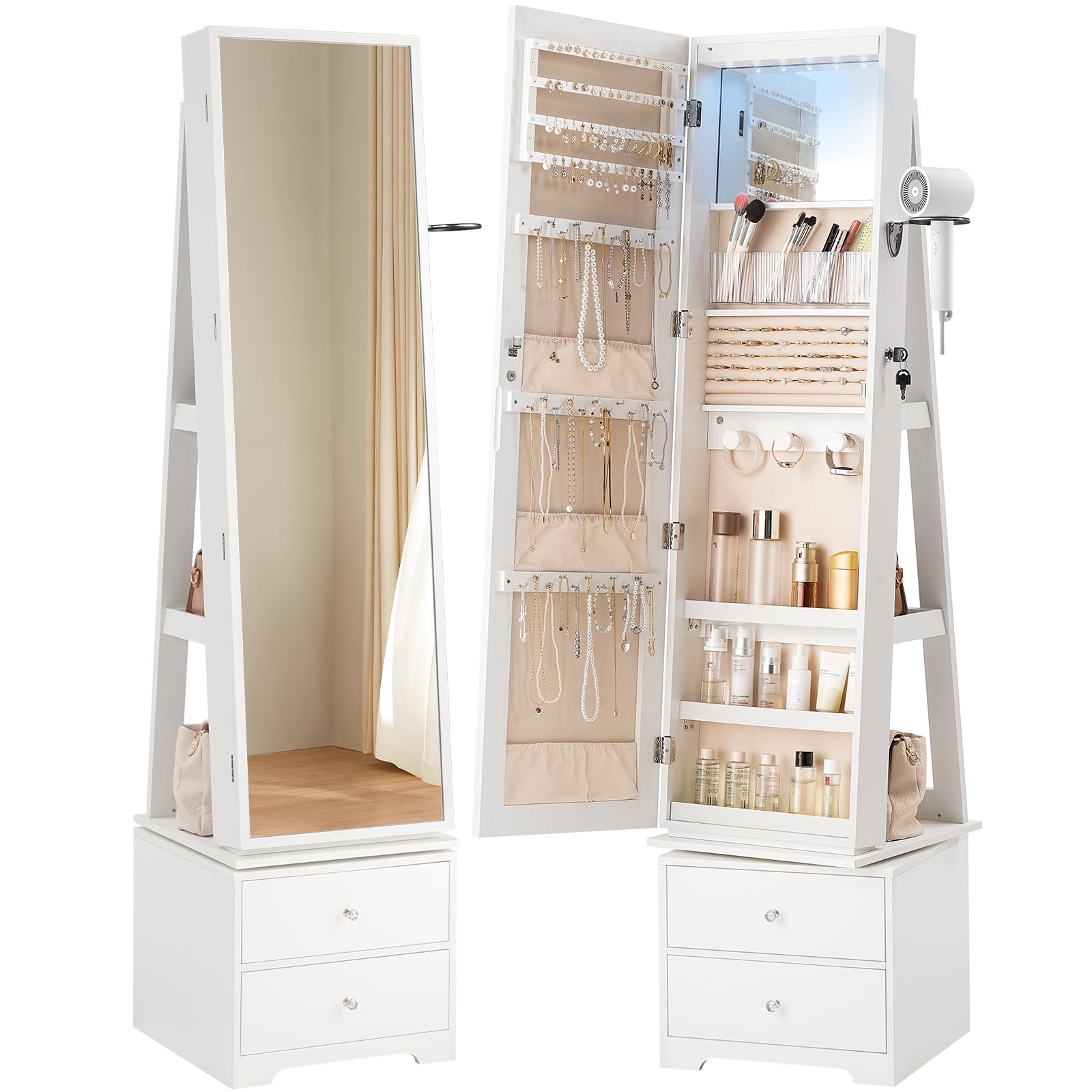 Full Length Mirror Jewelry Armoire - 360 ° Obracana szafka na biżuterię