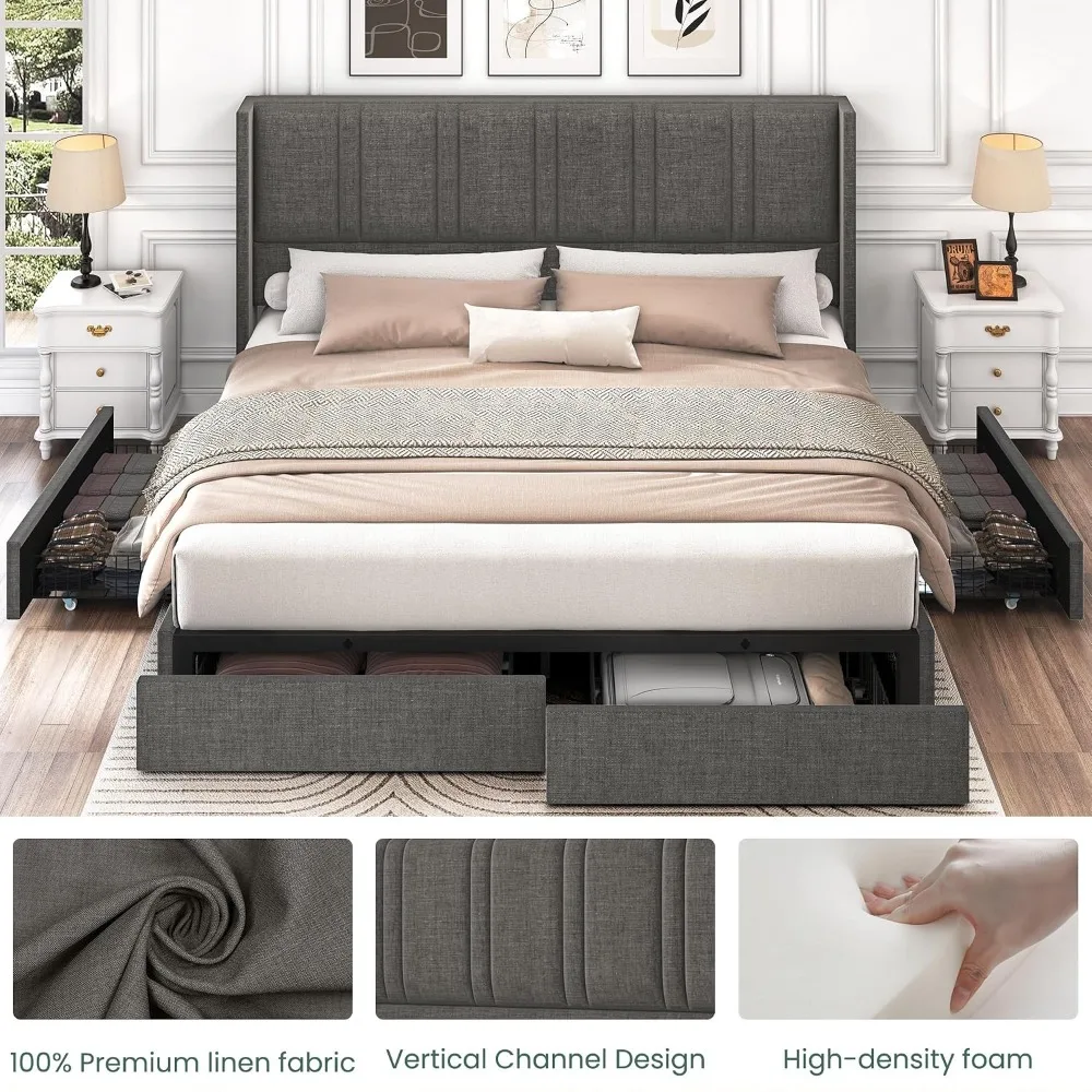 King Size Bed Frame With Storage Drawers - Rama łóżka platformowego z obiciem z