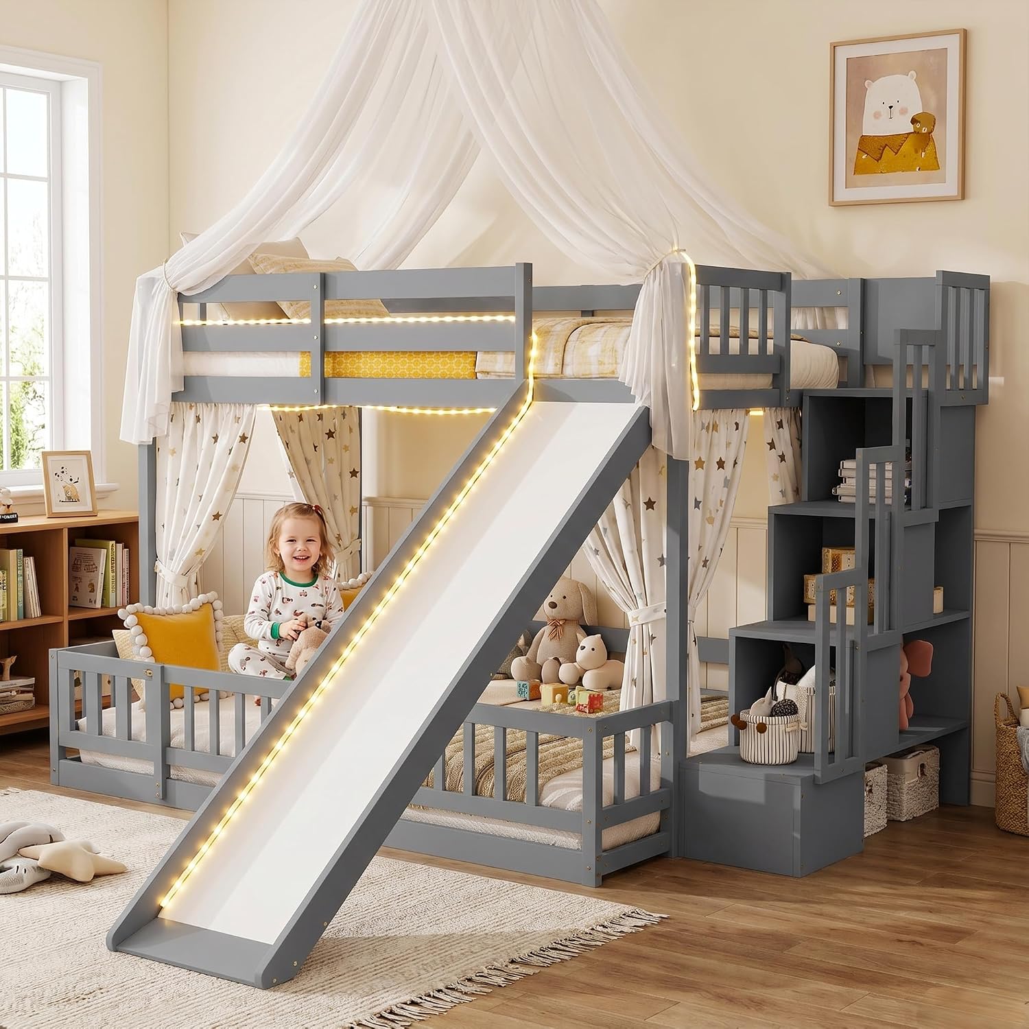 Bunk Bed With Stairs And Slide - Łóżko piętrowe z dwoma łóżkami, z
