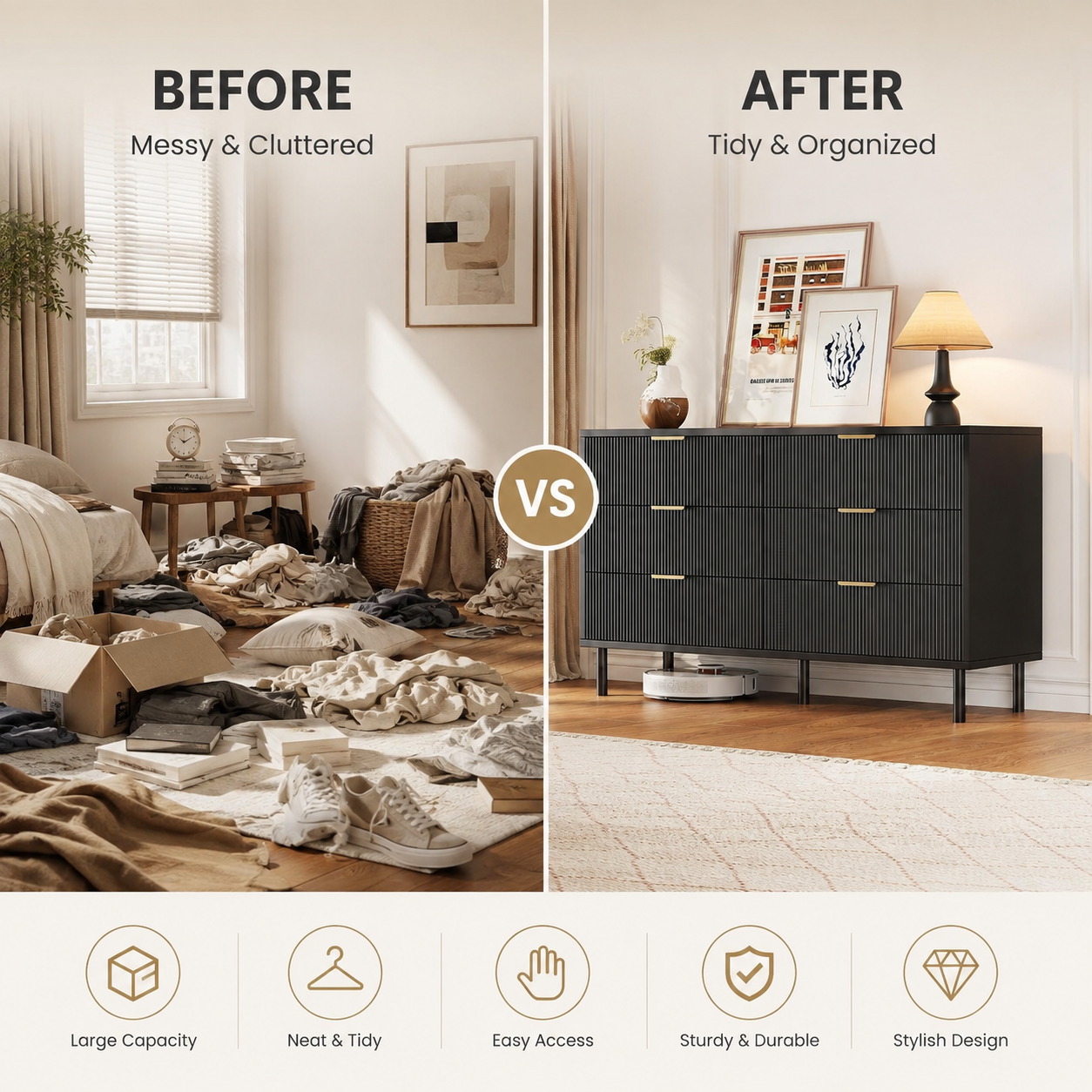 Komoda z 6 szufladami, karbowa – Bedroom Furniture recenzja i cena