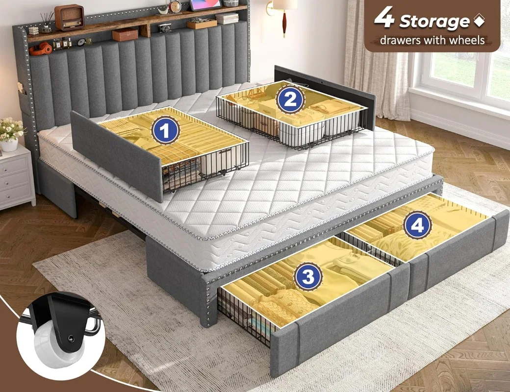EnHomee Tapicerowane Łóżko Roz – King Size Bed Frame With Storage Drawers recenzja i cena